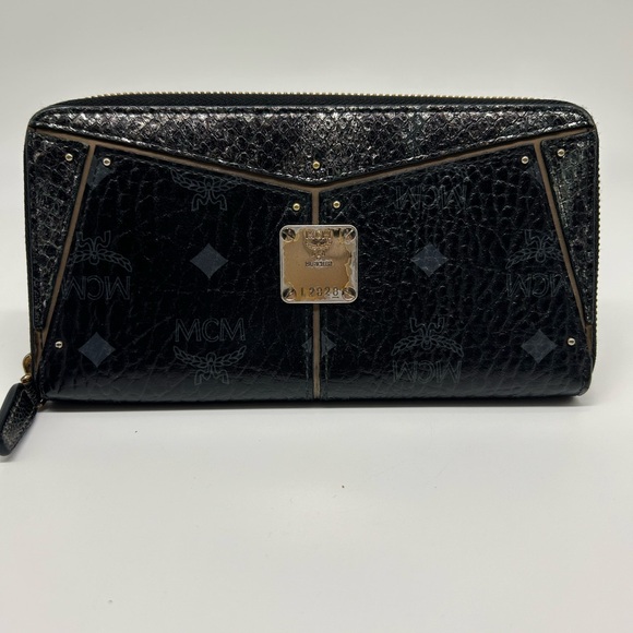 MCM Handbags - MCM Black Patent Leather Zip-Around Wallet with Gold Plaque